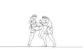 One continuous line drawing two young sporty muay thai boxer men preparing to fight sparring at boxing arena. Fighting sport game