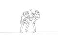 One continuous line drawing of two young sporty muay thai boxer men preparing to fight sparring, duel at box arena. Fighting sport