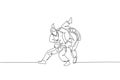 One continuous line drawing two young sporty women training judo technique at sports hall. Jiu jitsu battle fight sport Royalty Free Stock Photo