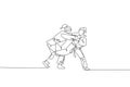 One continuous line drawing two young sporty women training judo technique at sports hall. Jiu jitsu battle fight sport