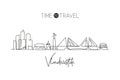 One continuous line drawing Vladivostok city skyline, Russia. Beautiful landmark home decor poster print. World landscape tourism