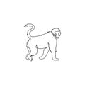 One continuous line drawing of walking baboon for conservation jungle logo identity. Primate animal mascot concept for national