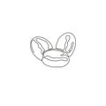 One continuous line drawing whole healthy organic coffee bean for restaurant logo identity. Fresh aromatic seed concept for coffee
