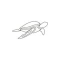 One continuous line drawing of wild sea turtle for water aquatic park logo identity. Cute ocean reptile animal mascot concept for