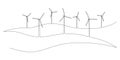 One continuous line drawing of Wind farm turbines and windmill among hilly landscape. Green energy and renewable source