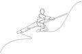 One continuous line drawing of wushu master man jumping, kung fu warrior in kimono with long staff on training. Martial art sport Royalty Free Stock Photo