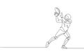 One continuous line drawing young american football player catch the ball from his teammate for competition poster. Sport teamwork
