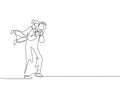 One continuous line drawing of young Arabian dad holding daughter on the back and play together. Happy Islamic muslim parenting