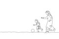One continuous line drawing of young Arabian father and his son running and playing football. Happy Islamic muslim loving
