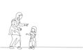 One continuous line drawing of young Arabian mom talk and reprimand her daughter`s attitude. Happy Islamic muslim loving parentin