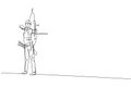 One continuous line drawing of young archer man pulling bow to shooting an archery target. Archery sport training and exercising