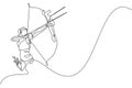One continuous line drawing of young archer woman pulling the bow to shooting an archery target. Archery sport training and