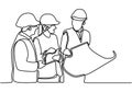 One continuous line drawing of young architect explaining building design blueprint to contractor. Happy industrial worker group Royalty Free Stock Photo