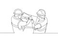 One continuous line drawing of young architect meeting at construction site to talk blueprint design to team member. Building Royalty Free Stock Photo