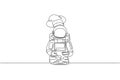 One continuous line drawing of young astronaut chef pouring seasoning into dish for serving dinner. Healthy cuisine food menu on