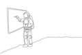 One continuous line drawing of young astronaut explaining formula and writing on whiteboard in moon surface. Cosmic galaxy space