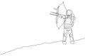 One continuous line drawing of young astronaut focus aiming archery into target in moon surface. Cosmic galaxy space concept.