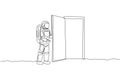 One continuous line drawing of young astronaut opening door gate into another dimension in moon surface. Cosmic galaxy space Royalty Free Stock Photo