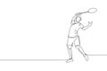 One continuous line drawing of young badminton player defense to take opponent hit with racket. Competitive sport concept. Dynamic