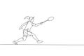 One continuous line drawing of young badminton player hit shuttlecock with racket. Competitive sport concept. Dynamic single line