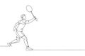 One continuous line drawing of young badminton player hit shuttlecock with racket. Competitive sport concept. Dynamic single line Royalty Free Stock Photo