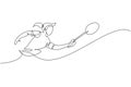 One continuous line drawing of young badminton player hit shuttlecock with racket. Competitive sport concept. Dynamic single line