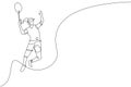 One continuous line drawing of young badminton player jump hit shuttlecock with racket. Competitive sport concept. Dynamic single Royalty Free Stock Photo