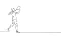 One continuous line drawing of young badminton player ready to hit shuttlecock with racket. Sport concept. Dynamic single line Royalty Free Stock Photo