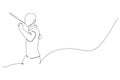 One continuous line drawing of young badminton player ready to serve the shuttlecock with a racket. Sport concept