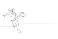 One continuous line drawing of young basketball woman player running and dribbling a ball. Competitive team sport concept. Dynamic