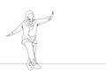 One continuous line drawing of young beautiful happy muslimah with headscarf dance on street road. Beauty Asian woman model in Royalty Free Stock Photo