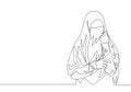 One continuous line drawing of young beauty Asian muslimah wearing burqa while holding her hand. Traditional beautiful Islamic