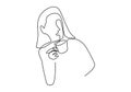 One continuous line drawing of young beauty female office employee holding and drinking a cup of tea. A woman who was standing was Royalty Free Stock Photo