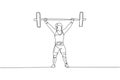 One continuous line drawing young bodybuilder woman doing exercise with a heavy weight bar in gym. Powerlifter train weightlifting Royalty Free Stock Photo