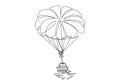 One continuous line drawing of young bravery man flying in sky using parasailing parachute behind a boat. Outdoor dangerous