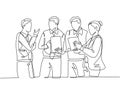 One continuous line drawing of young businessmen and businesswoman listening trainer explain business lesson. Business