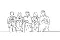One continuous line drawing of young businessmen and businesswomen line up together while clapping hands. Islamic clothing shemag Royalty Free Stock Photo