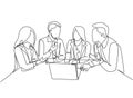 One continuous line drawing of young CEO presenting company business model to female team members at the office. Business meeting