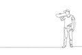 One continuous line drawing of young cool skateboarder man holding skateboard at shoulder and pose so stylish. Extreme teenager