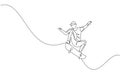 One continuous line drawing of young cool skateboarder man riding skateboard and doing a jump trick in skatepark. Extreme teenager