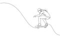 One continuous line drawing of young cool skateboarder man riding skateboard and doing a jump trick in skatepark. Extreme teenager