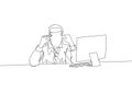 One continuous line drawing of young despair businessman get confused while working after read report on laptop. Stressful