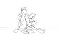 One continuous line drawing of young despair worker sitting on the floor staring the messy work paper that he should get finished Royalty Free Stock Photo