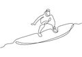 One continuous line drawing of young energetic man playing windsurfing in the sea ocean. A male trying to surf isolated on white Royalty Free Stock Photo