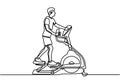 One continuous line drawing of young energetic man working out relax with elliptical cross. Sport man doing exercise. Healthy