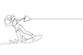 One continuous line drawing of young energetic woman fun play wakeboarding in sea ocean. Healthy lifestyle sport concept. Happy