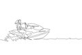 One continuous line drawing of young energetic woman fun playing jet ski in the sea ocean. Healthy lifestyle sport concept. Happy Royalty Free Stock Photo