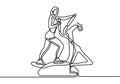 One continuous line drawing of young energetic woman working out relax with elliptical cross. Sport girl doing exercise. Healthy