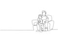 One continuous line drawing young father siting on sofa and reading a story book to his son at home, family life. Happy parenting Royalty Free Stock Photo