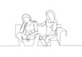 One continuous line drawing of a young female calms her depressed best friend while sitting at the sofa. Friendship consultation